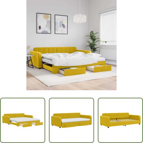 vidaXL Lit gigogne - Lit de jour avec gigogne et tiroirs jaune 100x200 cm velours (1/5)