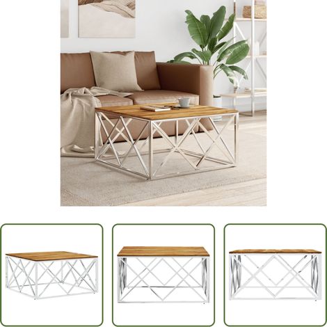 Table centrale -  Table basse argenté acier inoxydable et bois massif d'acacia (1/5)