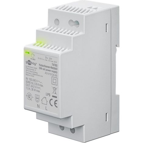 goobay Fuente de alimentación DIN 24V DC 1,5A, transformador de 230V a 24V con voltaje ajustable, protección múltiple, indicador LED, montaje en carril DIN, 74765