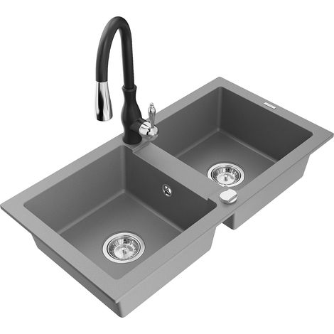 Mexen Mario 2-Becken-Granitspüle mit Mischbatterie Savita, Grau - 6504-71-672601-70