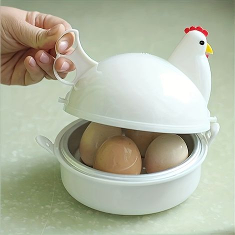 Cuiseur à œufs pour micro-ondes 4-en-1 en forme de poulet, avec contrôle de température, plateau en acier inoxydable, capacité pour 4 œufs et fonctionnement à une touche, pour la maison, couleur blanc