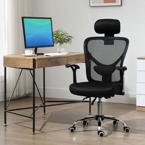 Chaise bureau pivotante maille aérée, durable, soutien lombaire, appuie-tête ajustable, dossier inclinable, noir (1/5)