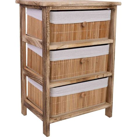 Commode en bois trois tiroirs style bambou ambiance naturelle - Bois naturel et tissu beige clair (1/5)
