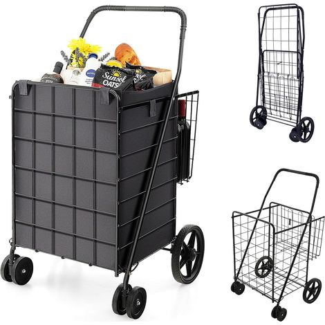 COSTWAY Carrito de Compras con Forro Oxford, 102 L, Carro de la Compra Plegable de Metal, Carrito Portátil para Supermercado/Lavandería con 4 Ruedas, Asa Antideslizante, Soporta hasta 40 kg (1/2)