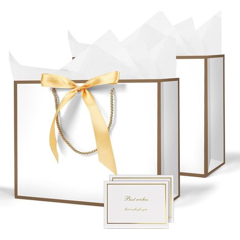 Set mit 2 Geschenktüten mit Henkeln, Papiergeschenktüten mit Schleife, Papierbeutel mit Henkeln, Geschenkverpackung für Weihnachten, Geburtstage, Hochzeiten, Partys (Weiß mit Goldrand) (1/5)