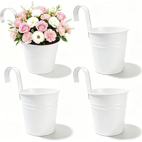 Lot de 4 paniers suspendus - Pot de fleurs d'extérieur - Grand pot de balcon - Avec crochet et trou de drainage - En métal - Pour plantes et fleurs - Vintage - Blanc (1/5)