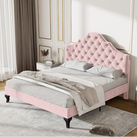 Lit rembourré en velours rose 140x200 cm avec sommier à lattes et tête de lit réglable (1/5)