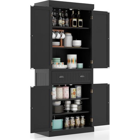 GOPLUS Meuble de rangment Haut avec 4 Portes & 2 Tiroirs, Buffet Haut de Cuisine avec Étagères réglables pour Salle à Manger, Salon, Cuisine, Salle de Bain, 76 x 40 x 183 cm (Noir) (1/5)