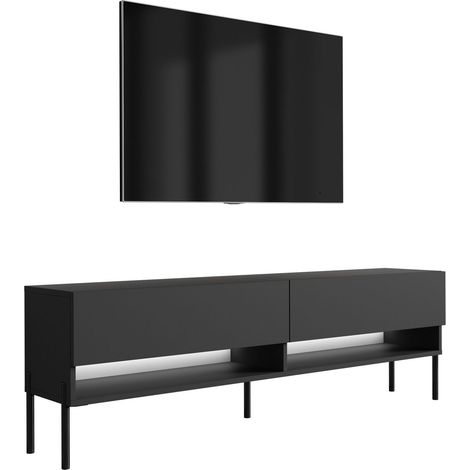 Meuble TV : Noir Mat, pieds droits noirs, LED blanche, 170 × 32 × 52 cm (1/5)
