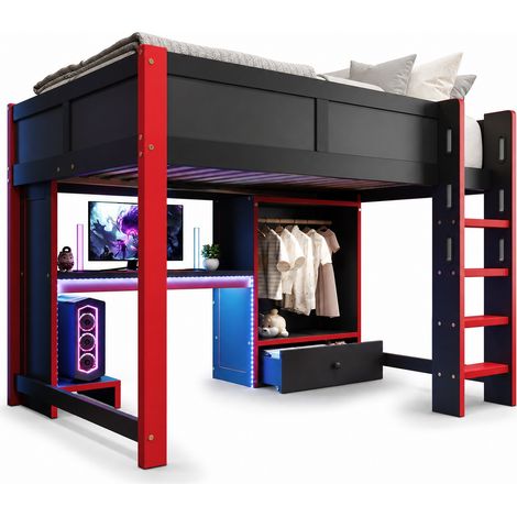 Letto a soppalco 140x200 cm con scrivania gaming, armadio, scaffali e LED RGB, struttura in pino nero e rosso per camera teen e spazio E-sport – CHICFURN (1/5)