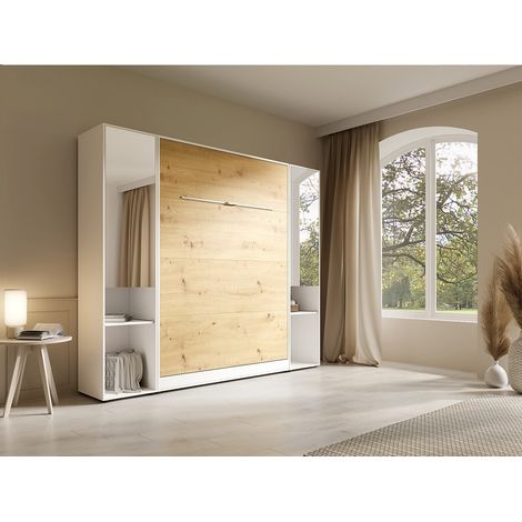Letto a scomparsa verticale 160 x 200 cm 2 colonne contenitore Con specchi e LED Bianco e naturale - RAPILI