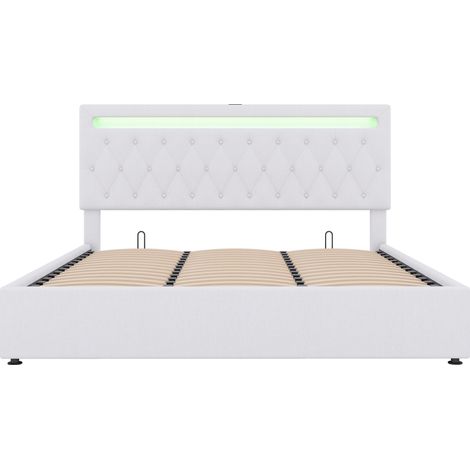 Lit coffre 180x200 cm en lin blanc avec LED, USB/USB-C et relevage hydraulique MODENUIT (1/5)