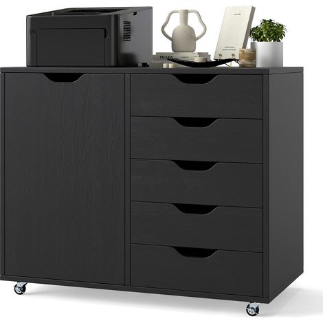 COSTWAY 5-Drawer Chest Mobile Chest of Drawers with Adjustable Shelf-Black