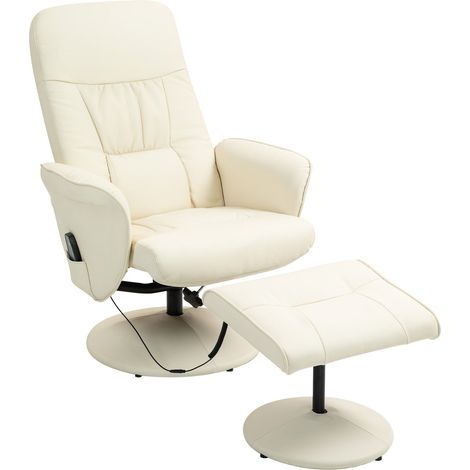Relaxsessel mit Fußhocker, Elektrischer Massagesessel mit Liegefunktion, 10 Massagepunkte, Drehbarer Fernsehsessel mit Seitentasche, Fernbedienung, Kunstleder, Cremeweiß