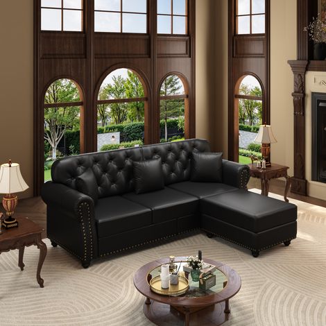 Pour salon et bureau : canapé Chesterfield 3 places avec pouf, coin détente, similicuir noir capitonné et clous tapissier (1/5)