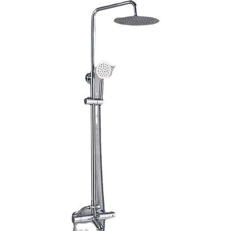 HAUTOUR Système de douche avec thermostat, Colonne de Douche Mural, kit de douche avec robinet, 3 sorties d'eau, robinet de douche avec douchette en acier inoxydable, barres de douche de 81 à 117 cm (1/5)