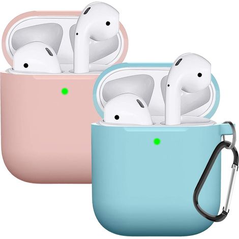 Juego de 2 fundas de silicona, compatibles con AirPods 2, protección completa, LED visible, carga inalámbrica, con mosquetón. (1/5)