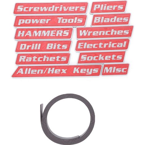 12 étiquettes magnétiques boîte outils réutilisables 3D imprimées – Tags tiroir boîtes acier chariots armoires rouge, outillage (1/5)