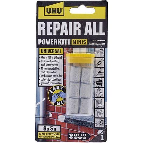 UHU Powerkitt mini adhesivo reparador - pasta epoxi de 2 componentes para pegar, rellenar, sellar, reparar, interior y exterior, Gris, 6 x 5g