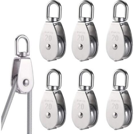 6 Pieces M20 Pulleys 304 Stainless Steel Single Rotating Hook Pulley for 8mm Rope Steel Cable (1/5)