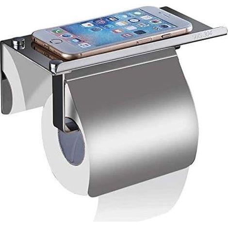 Porta rotolo carta igienica, porta carta igienica in acciaio inox con supporto per telefono, montaggio a parete senza foratura adesivo (con copertura) (1/5)