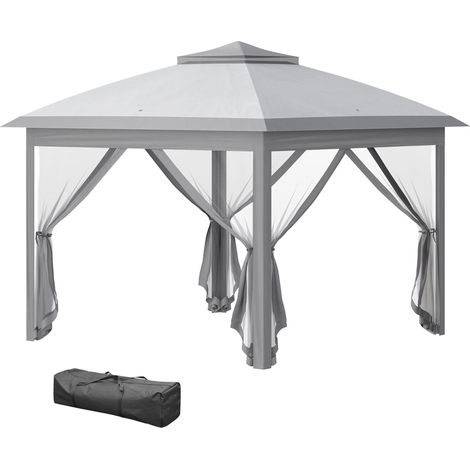 Tonnelle pliante d'Extérieur à hauteur réglable avec moustiquaires, 3,3 x 3,3 x 2,8 m, grise