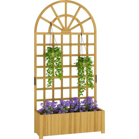 Jardinière avec treillis, lit surélevé bac à fleurs pour plantes grimpantes et légumes, bois massif, avec trous de drainage, usage intérieur et extérieur, 90 x 30 x 180 cm, effet bois naturel (1/5)