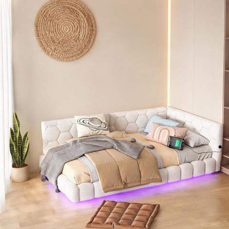 Cadre de lit coloris blanc en velours 214 x 101 x 64 cm (1/5)
