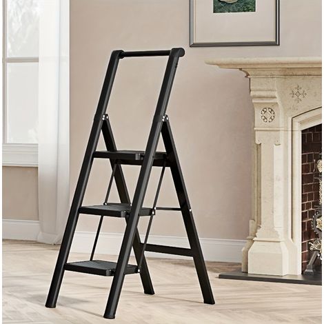 Escalera plegable de 3 peldaños de acero aleado negro con pasamanos - CHICFURN (1/5)