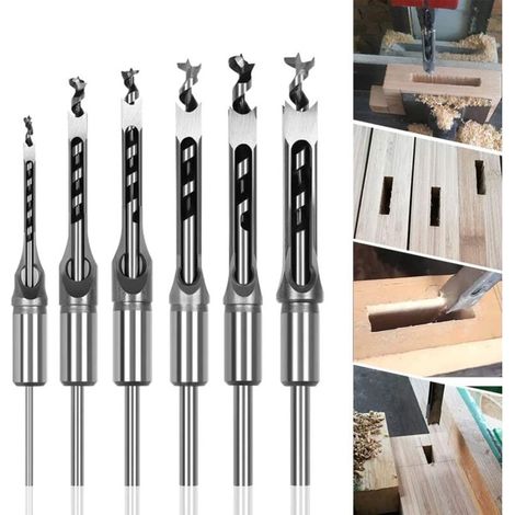 Lot de 6 Forets à bois trou carré Bédanes Creux en Acier Outils Set pour travail du bois Foret a trou carre Foret Trou de Perçage Mortaiser Burin 6,4/8/9,5/12,7/14/16mm Mèches Trou Carré (1/4)