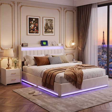 Lit Coffre 140x190 avec Sommier,LED et USB,Lit Double Rembourré avec Hydraulique Rangement et Tete de lit,Lit 2 Personnes,Cadre de Lit Capitonné pour Adultes et Adolescents,Velours Beige (1/5)