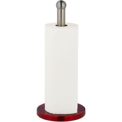 Relaxdays Portarrollos Cocina Vertical, Acero Inoxidable, Soporte Rollos Encimera, Sujetarrollos, 35 x 15 cm, Plata/Rojo