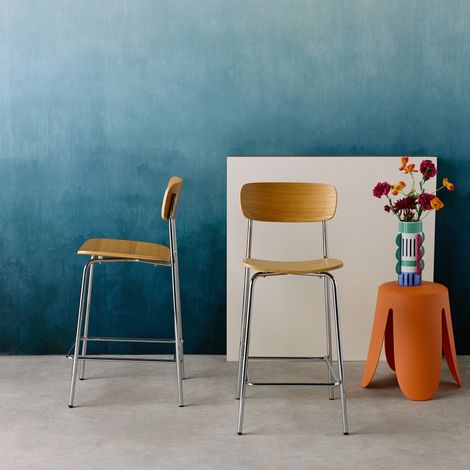 Lot de 2 tabourets de bar vintage contreplaqué avec placage bois et pieds métal L 42.5 x P 50 x H 94cm - Toby Chromé / Frêne (1/5)