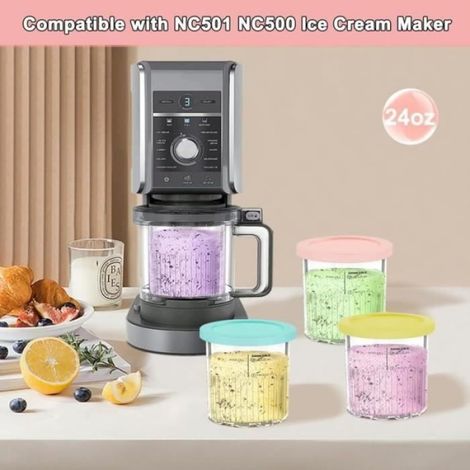 Lot de 4 Récipient pour Crème Glacée, Compatible Ninja NC500 NC501, Couvercle Hermétique, Matériau PC Sans BPA, Pour Congélateur (1/4)