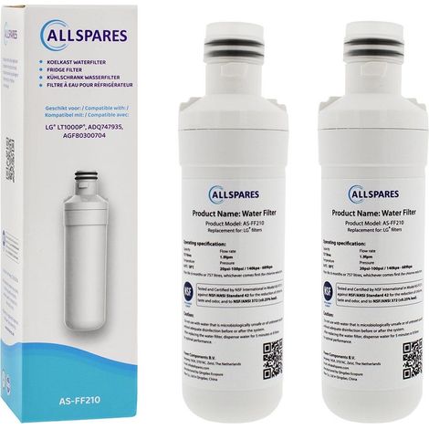 Filtro de agua AllSpares (2 unidades) para frigorífico compatible con LG LT1000P / AGF80300704 / ADQ74793501 (1/5)