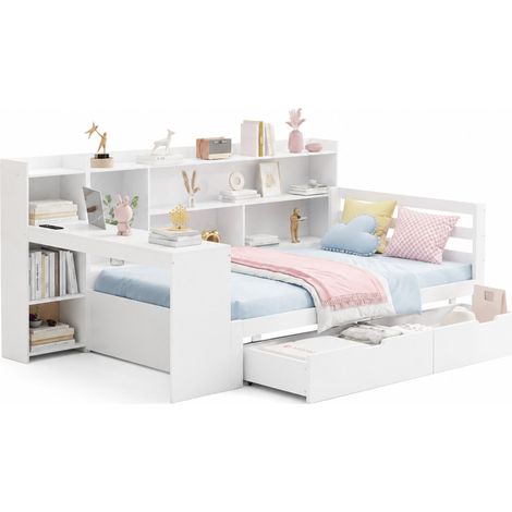 Canapé-lit 90x200 cm multifonction avec bureau, bibliothèque, 2 tiroirs, prises USB et rangements latéraux, en bois blanc, gain de place - CHICFURN (1/5)