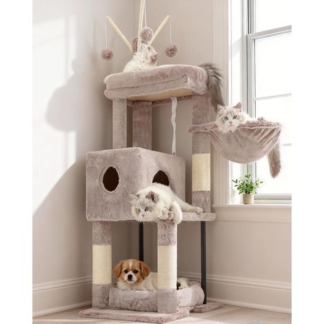 Arbre à Chat 115 cm pour Chats d’Intérieur, Tour avec Grande Plateforme, Niche Cachée, Hamac, Lit Douillet, Poteaux à Griffer, 3 Pompons, Meuble pour Chat, Marron Beige HCT202SMU (1/5)