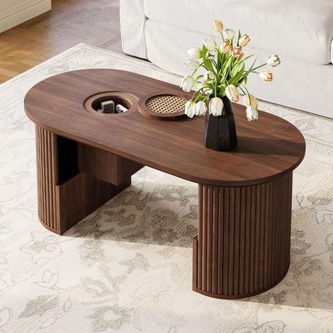 Mesa de centro ovalada (105x50x46.5 cm), con almacenaje integrado, MDF, nogal (1/5)