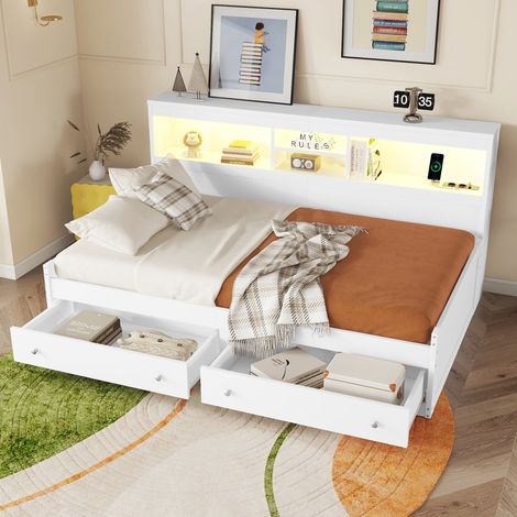 lit adulte rangement couchage 90x200 LED USB bois OKMYHOME (1/5)