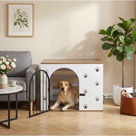 Meuble cage pour chien d'intérieur avec 2 gamelles, blanc et naturel FloraGrace (1/5)
