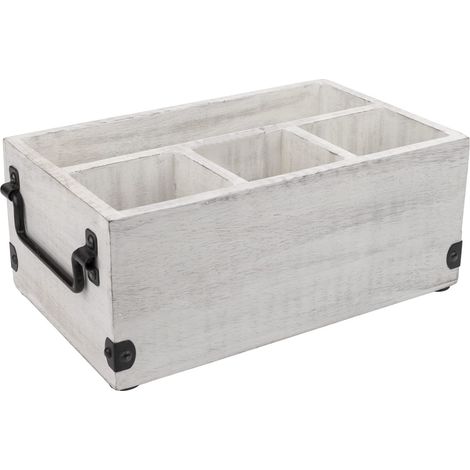 Panier à couverts à 4 compartiments, porte-couverts, organisateur de condiments avec porte-serviettes pour cuisine, salle à manger, pique-niques, panier en bois de manguier délavé blanc (1/5)