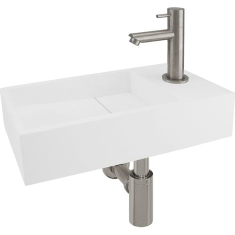 Differnz Set lave mains 36x18.5x9cm avec robinet chromé Solid Surface blanc mat (1/5)