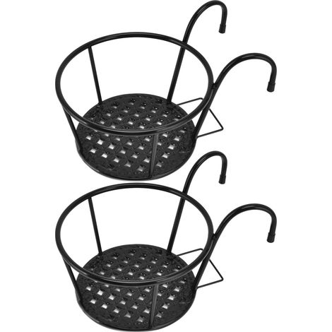 Juego de 2 cestas colgantes multifuncionales de hierro forjado, ideales como soportes para plantas que se cuelgan en una barandilla, para patio, balcón o porche. (1/5)