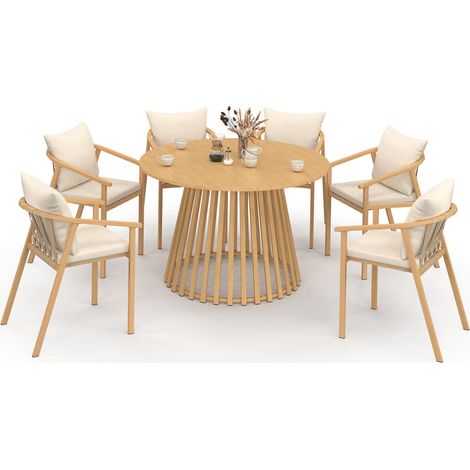 Salon de jardin SOLAL table ronde 120 cm avec pied lattes en métal et 6 chaises de jardin avec lanières et coussins beiges