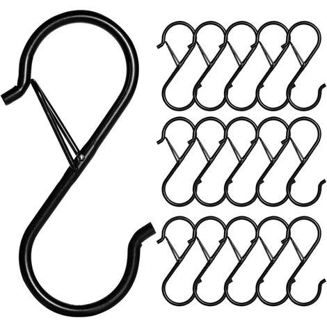 18 S-Haken zum Aufhängen von Sicherheitsschlaufen, 9 cm lange, S-förmige Edelstahlhaken mit Verriegelung für die Zimmer von Kollegen, Küchen, Blumentöpfe, schwarz (1/4)