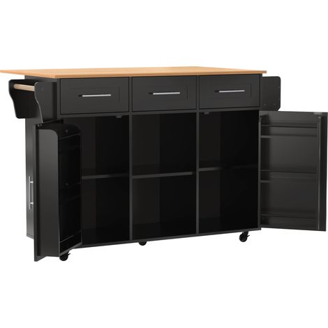 GagaChariot de cuisine 139 cm noir, plateau bois, roulettes (1/5)