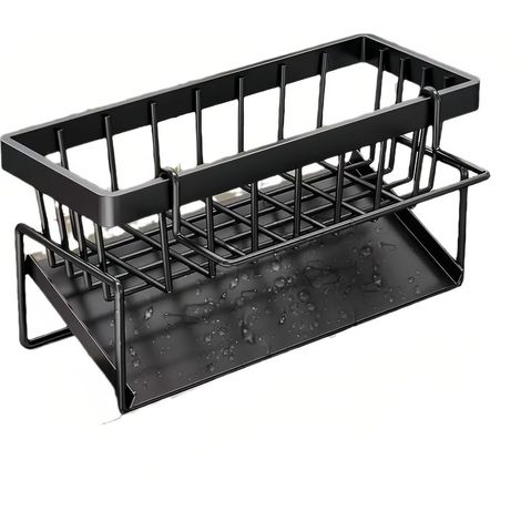 Küchenspüle-Caddy aus Karbonstahl, selbstentleerender Seifenschale, Schwammhalter mit abnehmbarem Geschirrtuchhalter für Küchenarbeitsplatten-Organizer, Schwarz