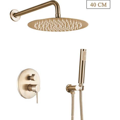 Zamery – Colonne de douche encastrée dorée brossée – Pommeau 40 cm en acier inoxydable – Mitigeur en laiton – Douchette à main PVC – Flexible 150 cm (1/5)