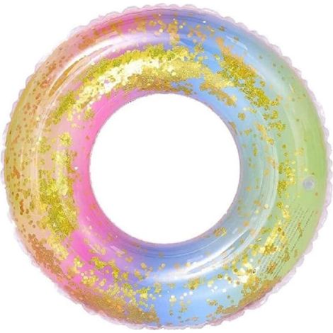 Transparent floating buoy with rainbow sequins, durable inflatable pool buoy, ideal for children's summer pool parties. (1/5)
