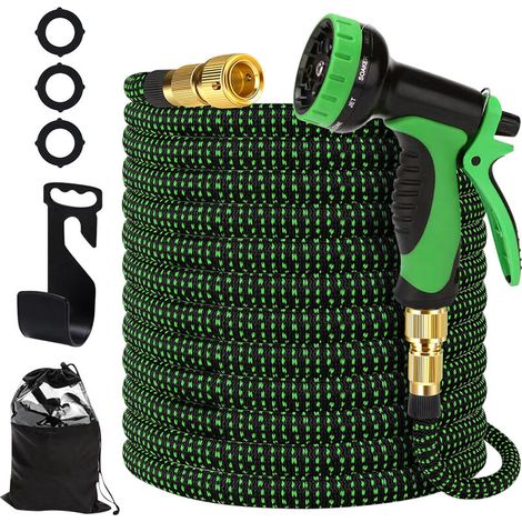 Tuyau d'Arrosage Extensible 15m, 10 Modes de Pulvérisation Flexible, avec connecteur en laiton de 3/4" et 1/2", Sac de Rangement Fournis, pour Pulvériser la Pelouse Nettoyer les Voitures (1/5)